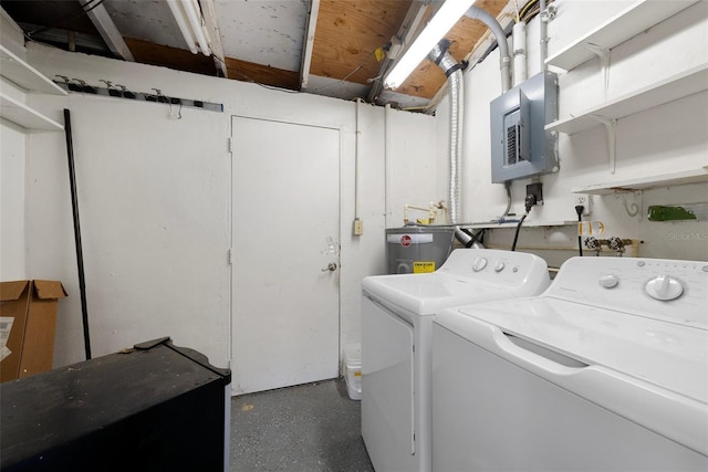 laundry room with electric panel, laundry area, washing machine and dryer, and water heater