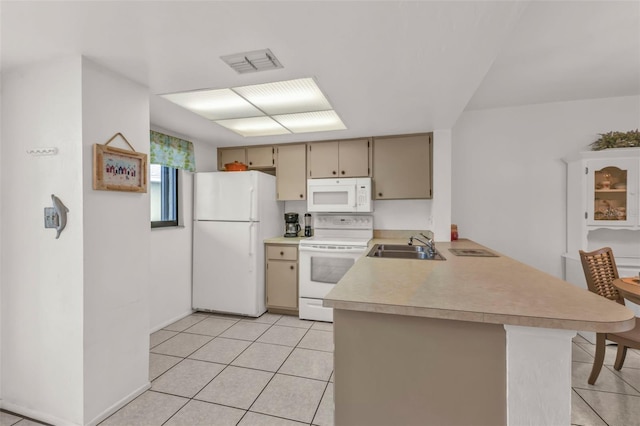 kitchen featuring sink, white appliances, light tile patterned floors, cream cabinets, and kitchen peninsula