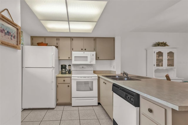 kitchen with light tile patterned flooring, white appliances, sink, and cream cabinetry