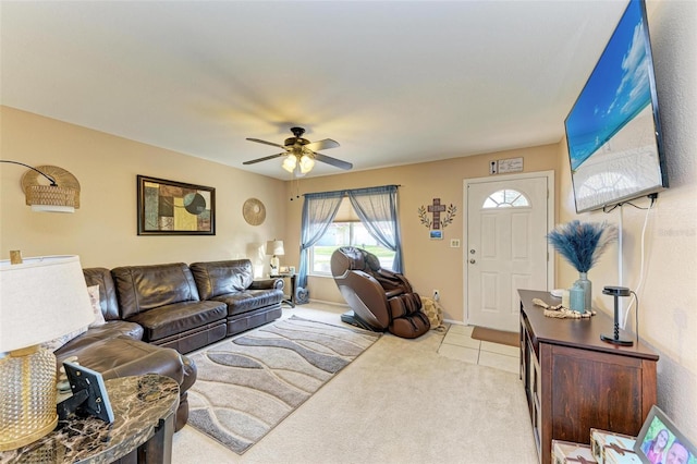 living room with ceiling fan and light carpet