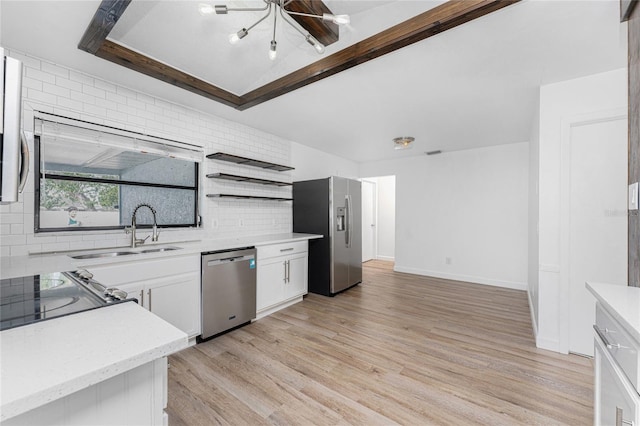 kitchen featuring sink, appliances with stainless steel finishes, backsplash, light hardwood / wood-style floors, and white cabinets