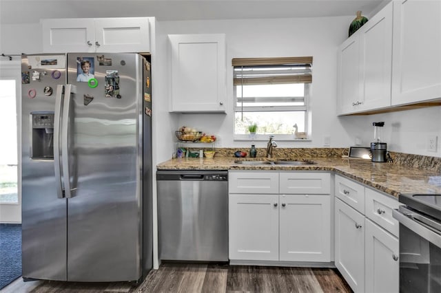 kitchen featuring stone countertops, sink, white cabinetry, and stainless steel appliances