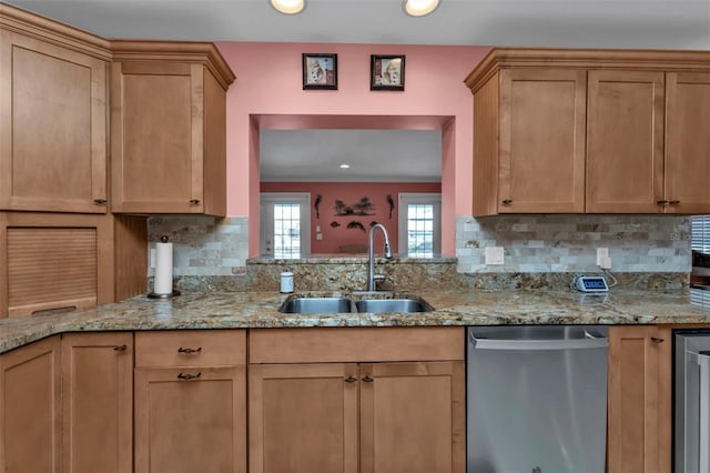 kitchen with light stone countertops, backsplash, sink, dishwasher, and wine cooler