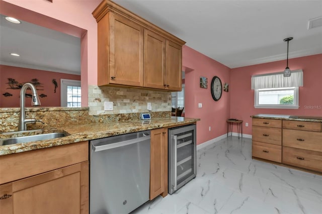 kitchen with backsplash, a wealth of natural light, sink, dishwasher, and wine cooler