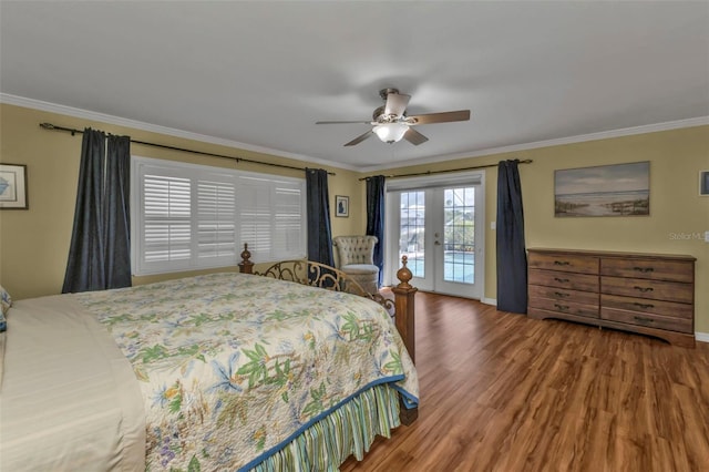 bedroom featuring french doors, ceiling fan, access to exterior, ornamental molding, and wood-type flooring