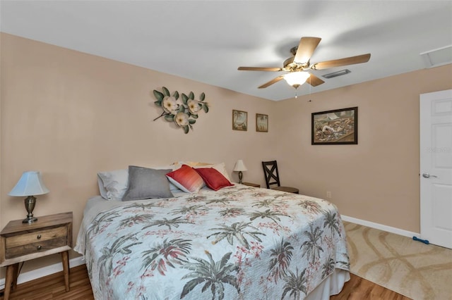 bedroom with ceiling fan and wood-type flooring