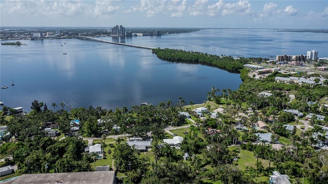 bird's eye view with a water view