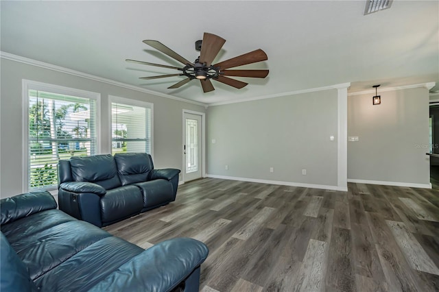 living room featuring crown molding, ceiling fan, and dark hardwood / wood-style floors