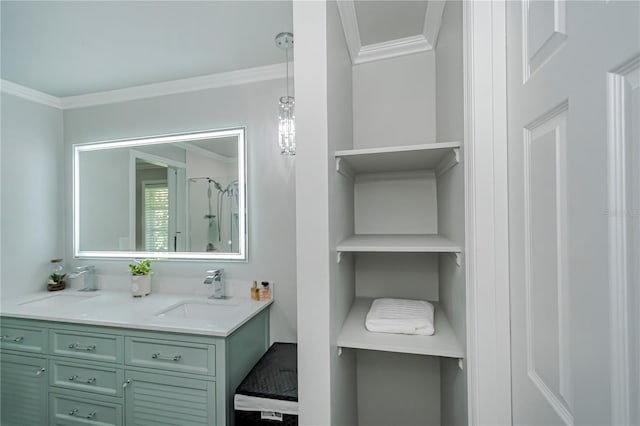 bathroom with vanity and crown molding