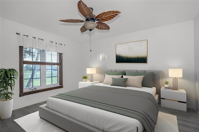 bedroom with hardwood / wood-style floors and ceiling fan