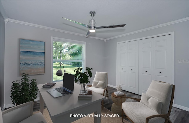 home office with ceiling fan, dark hardwood / wood-style floors, and ornamental molding