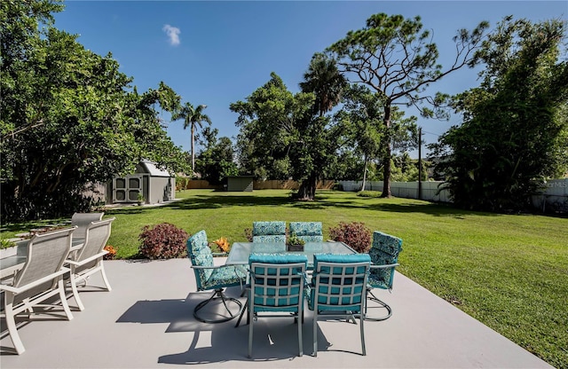 view of patio featuring a storage shed