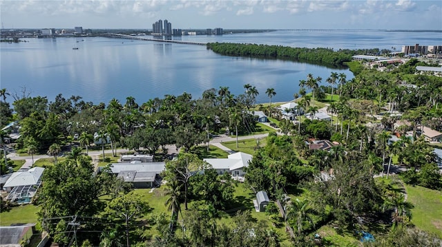 drone / aerial view featuring a water view