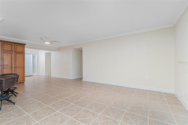 interior space featuring ceiling fan, light tile patterned flooring, and crown molding