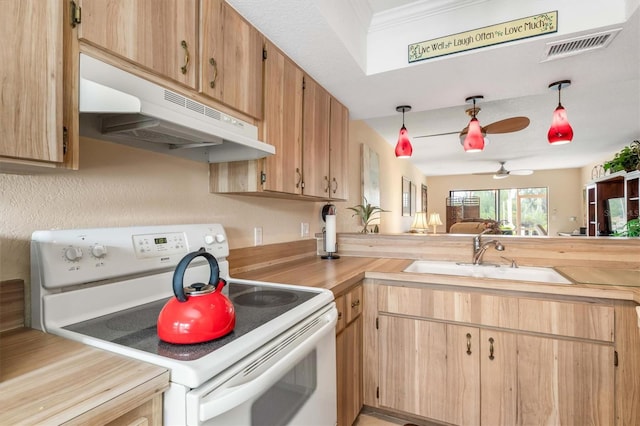 kitchen featuring electric stove, pendant lighting, sink, and wood counters