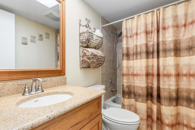 full bathroom with toilet, vanity, and shower / bathtub combination with curtain