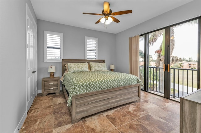 bedroom with access to exterior, a closet, and ceiling fan