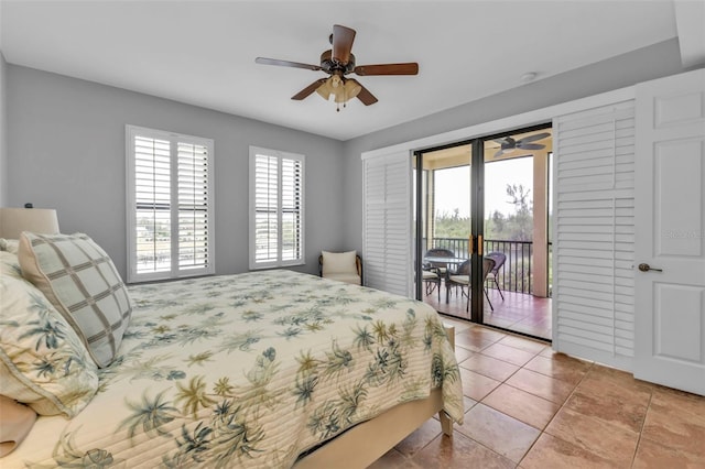 tiled bedroom with ceiling fan, access to exterior, and french doors