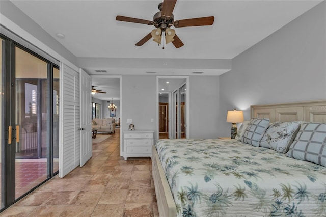 bedroom featuring access to outside and ceiling fan