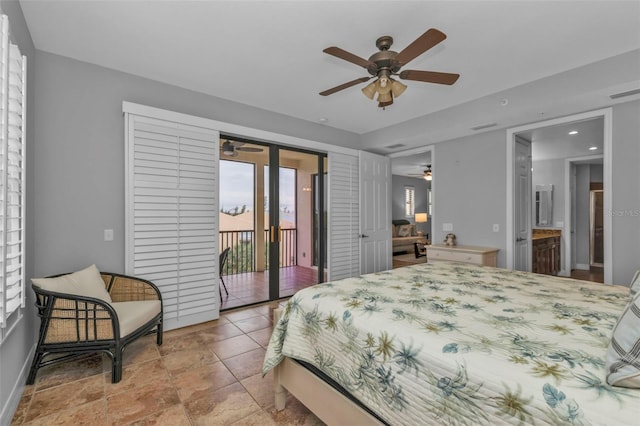 bedroom with ceiling fan, access to exterior, and ensuite bathroom