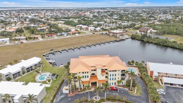 drone / aerial view with a water view