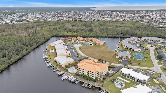 drone / aerial view featuring a water view