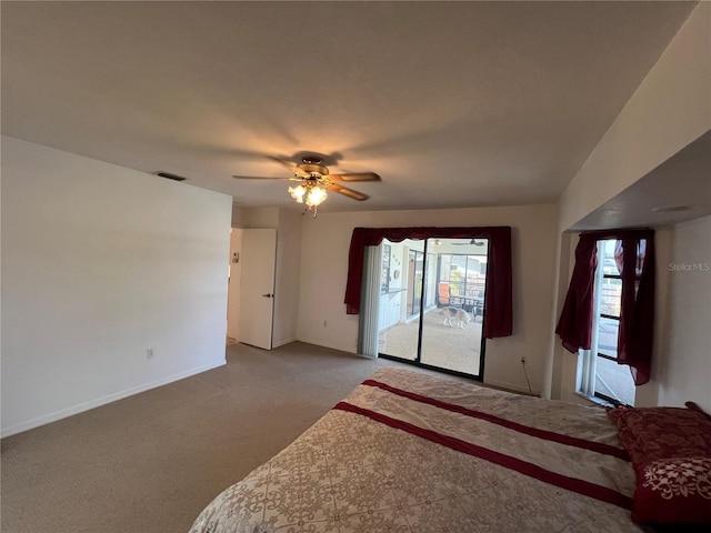 unfurnished bedroom with ceiling fan, light colored carpet, and access to outside