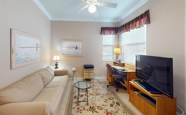 office featuring ceiling fan, ornamental molding, and light tile patterned flooring