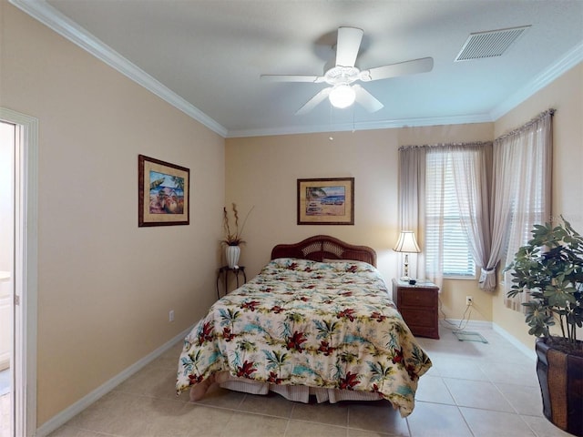 bedroom with light tile patterned floors, ceiling fan, and ornamental molding