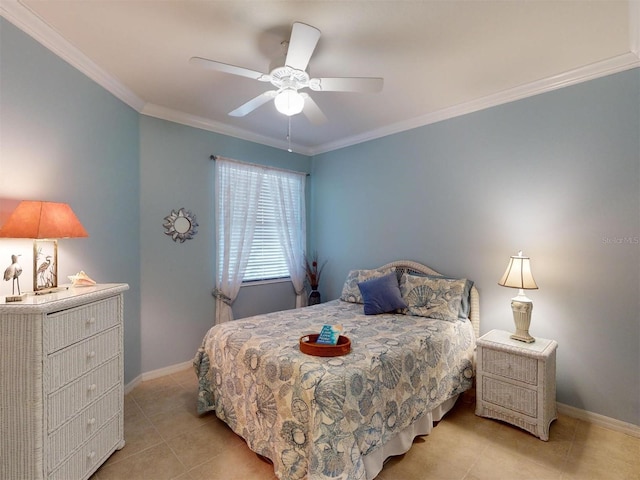 tiled bedroom with ceiling fan and crown molding