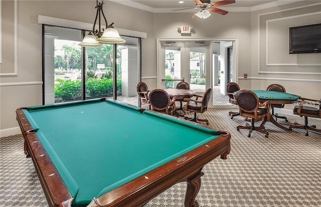 recreation room featuring carpet flooring, ceiling fan, ornamental molding, and pool table