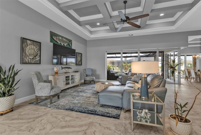 living room featuring coffered ceiling, a towering ceiling, plenty of natural light, and beamed ceiling