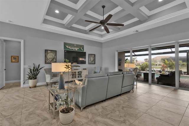 living room featuring a towering ceiling, coffered ceiling, and beam ceiling