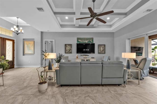 living room with coffered ceiling, crown molding, beamed ceiling, a towering ceiling, and ceiling fan with notable chandelier