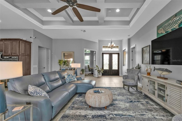 living room with beamed ceiling, a towering ceiling, coffered ceiling, and light tile patterned flooring