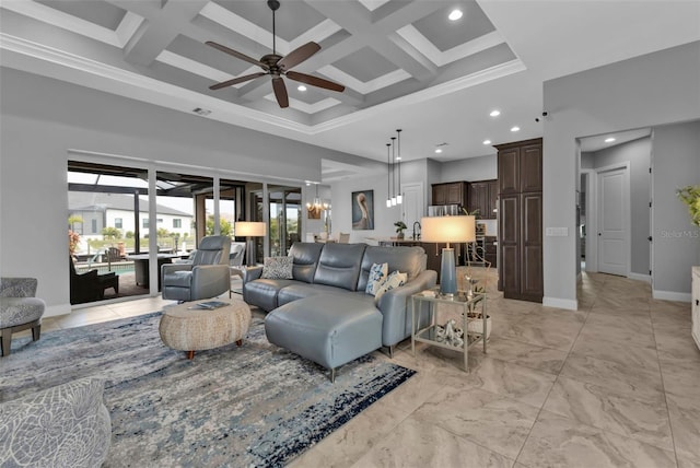 living room with a high ceiling, coffered ceiling, and beam ceiling