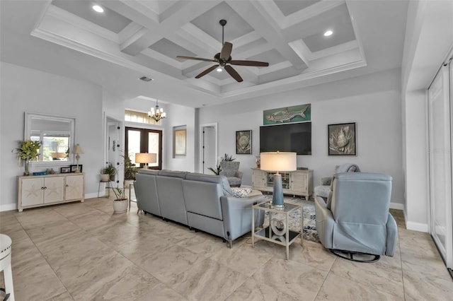 living room with a high ceiling, coffered ceiling, and beamed ceiling