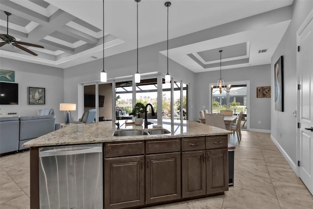 kitchen featuring coffered ceiling, sink, stainless steel dishwasher, a tray ceiling, and an island with sink