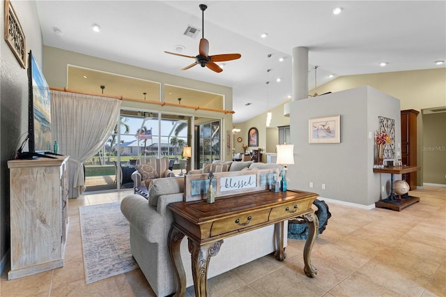 living room with ceiling fan and lofted ceiling