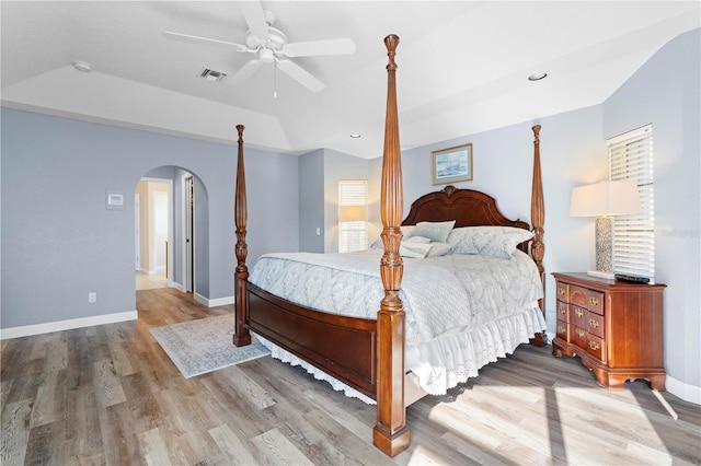 bedroom featuring ceiling fan and light hardwood / wood-style flooring