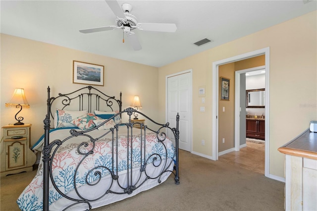 carpeted bedroom featuring ceiling fan