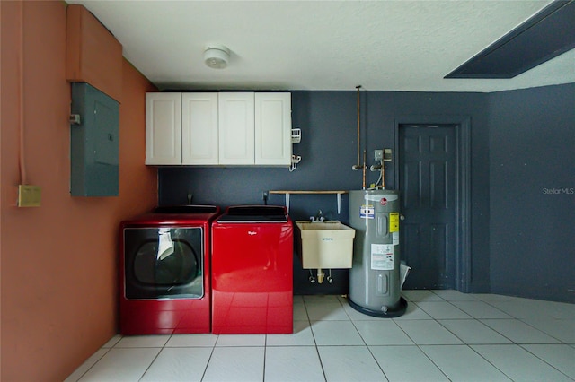 laundry area with independent washer and dryer, electric panel, sink, water heater, and cabinets