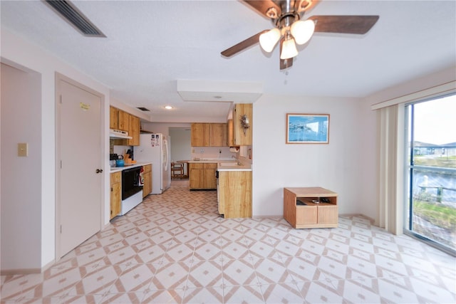 kitchen featuring white appliances, ceiling fan, and sink