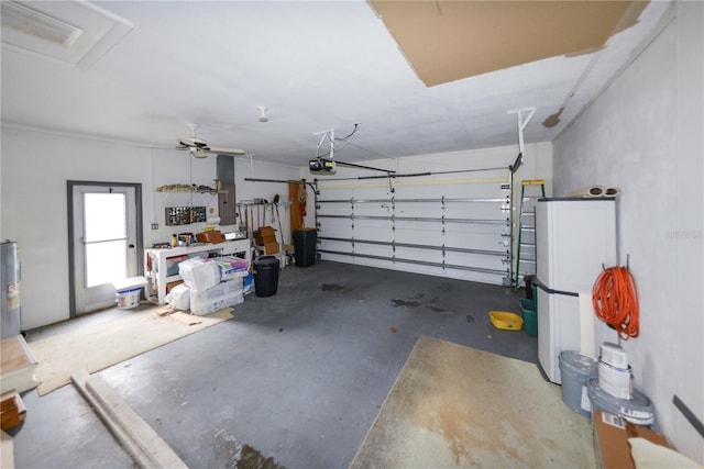 garage featuring a garage door opener and ceiling fan