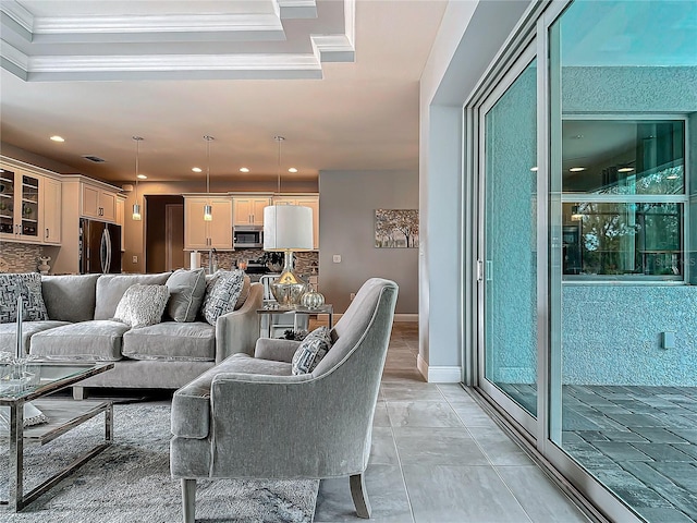 living room with crown molding