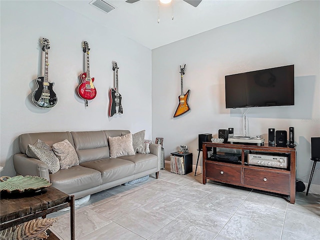 living room with ceiling fan