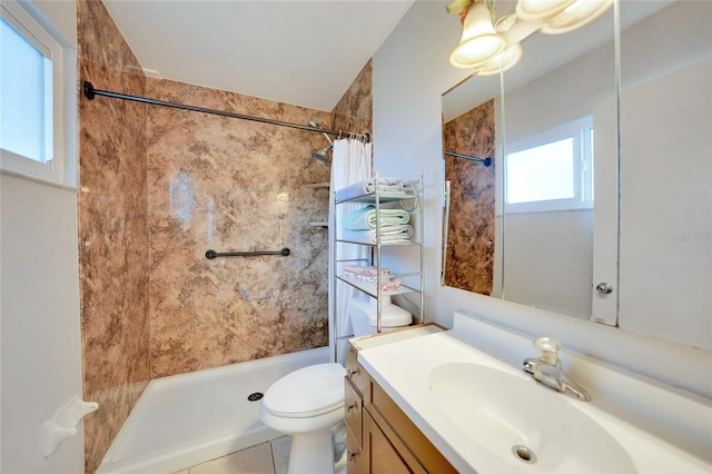 bathroom with tile patterned flooring, vanity, curtained shower, and toilet