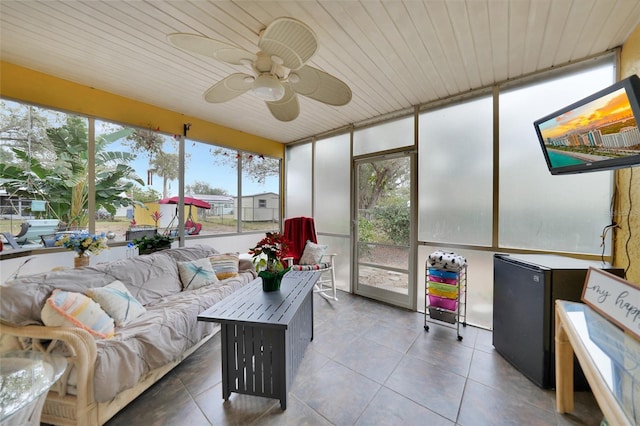 sunroom / solarium featuring ceiling fan and wooden ceiling