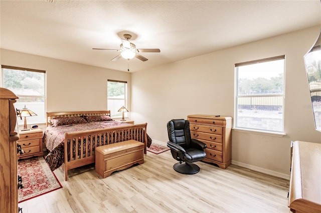 bedroom with ceiling fan and light hardwood / wood-style floors