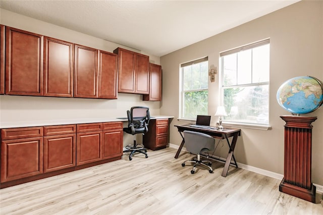 office area featuring light hardwood / wood-style flooring and built in desk